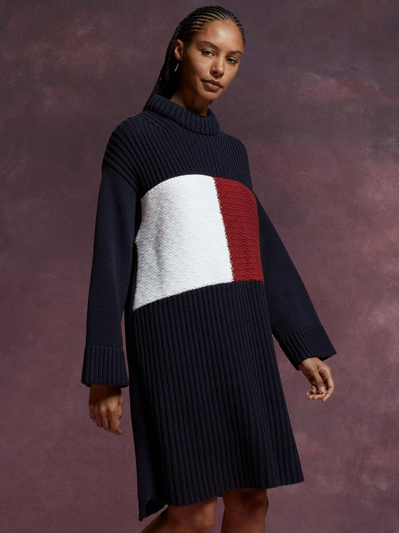 Női Tommy Hilfiger Flag Pulóver Dresses Kék | HU 88EBC